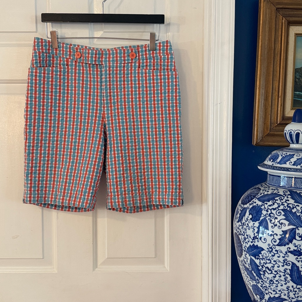 Nwot Womens Fairway  Greene Orange  Blue Plaid Bermuda Golf Shorts Size 10